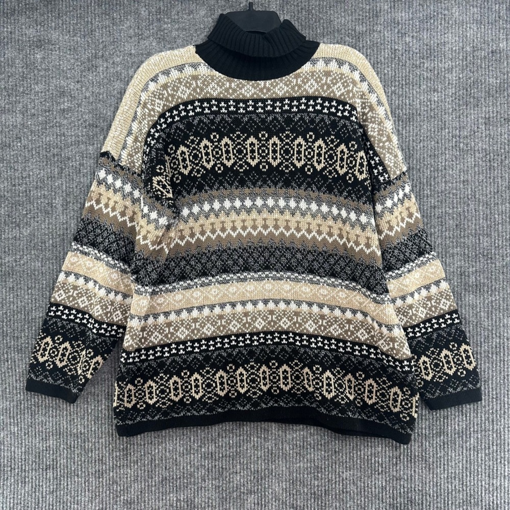 Willow Bay Sweater Womens XL Black Tan Geometric Fair Isle Knit Vintage Good